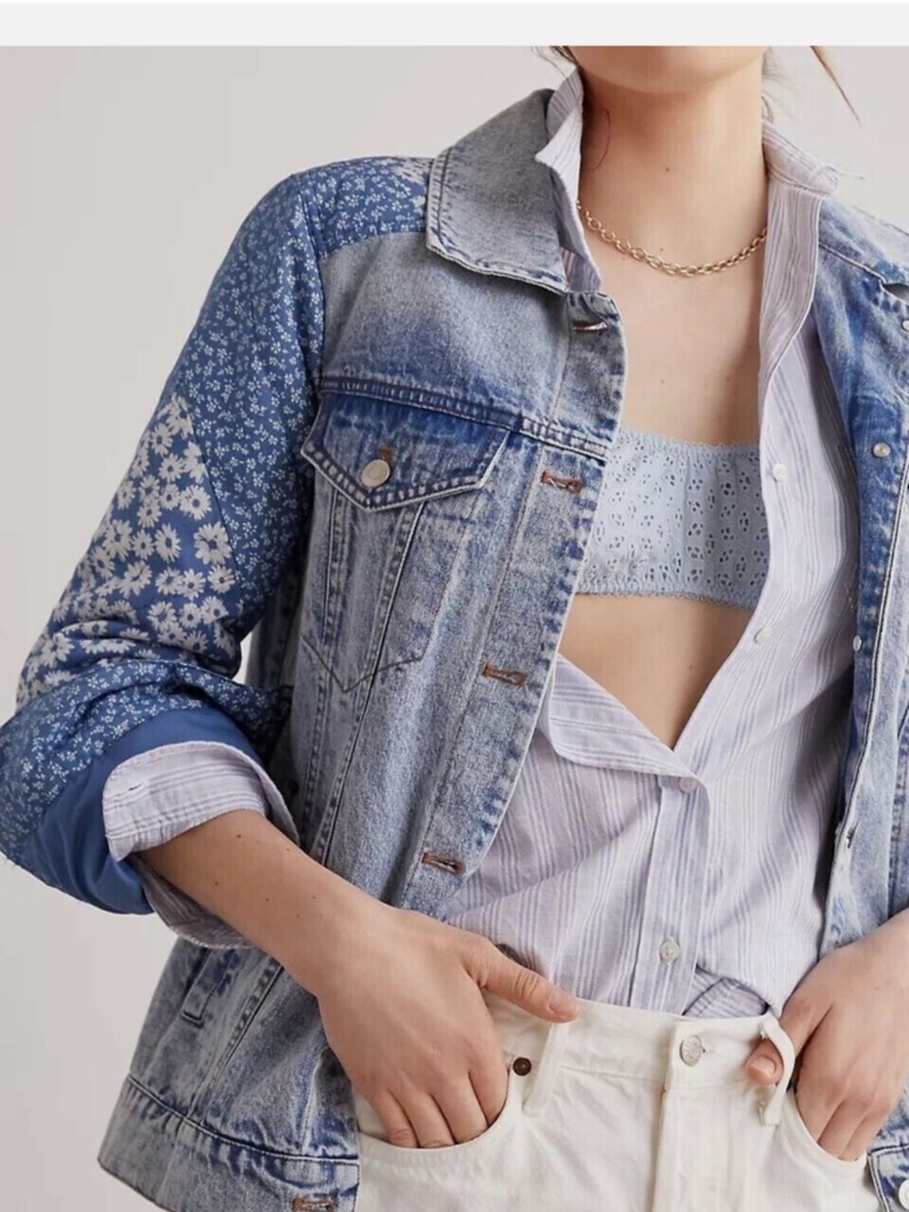 Avec Les Filles Denim Trucker Jacket Cottagecore quilted Patchwork Small - Picture 2 of 12